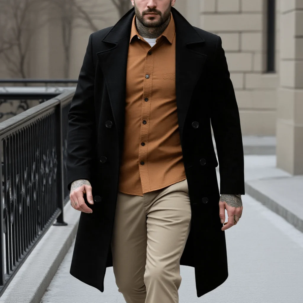 New Men's Elegant Woolen Overcoat Long Jacket For Early Autumn Warm Outdoor Street Style Commute Wear Double-Breasted