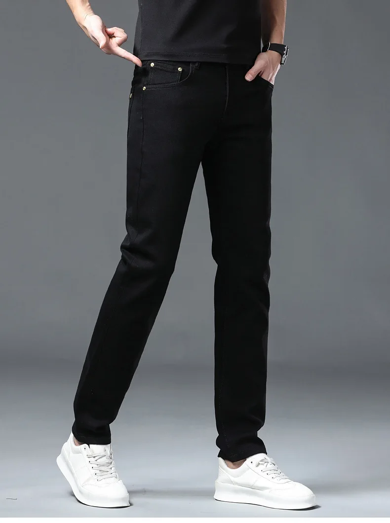 Pure black jeans for men, simple, fashionable, light luxury, trendy, stretchy, slim fit, high-end, versatile denim long pants