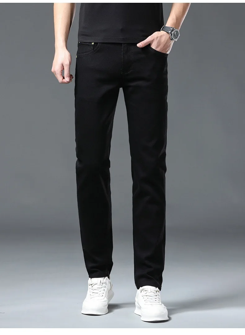 Pure black jeans for men, simple, fashionable, light luxury, trendy, stretchy, slim fit, high-end, versatile denim long pants