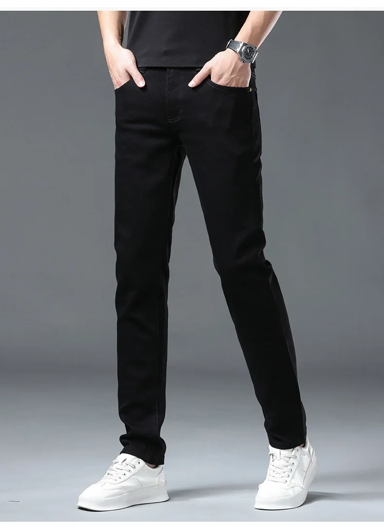 Pure black jeans for men, simple, fashionable, light luxury, trendy, stretchy, slim fit, high-end, versatile denim long pants