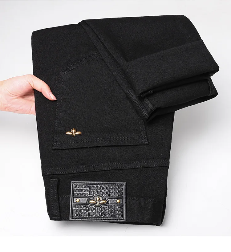 Pure black jeans for men, simple, fashionable, light luxury, trendy, stretchy, slim fit, high-end, versatile denim long pants