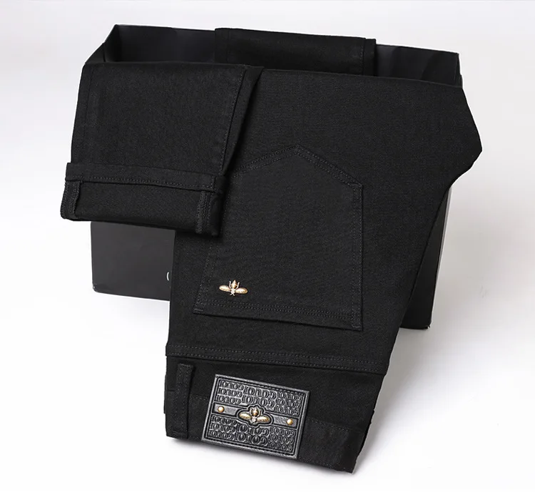 Pure black jeans for men, simple, fashionable, light luxury, trendy, stretchy, slim fit, high-end, versatile denim long pants