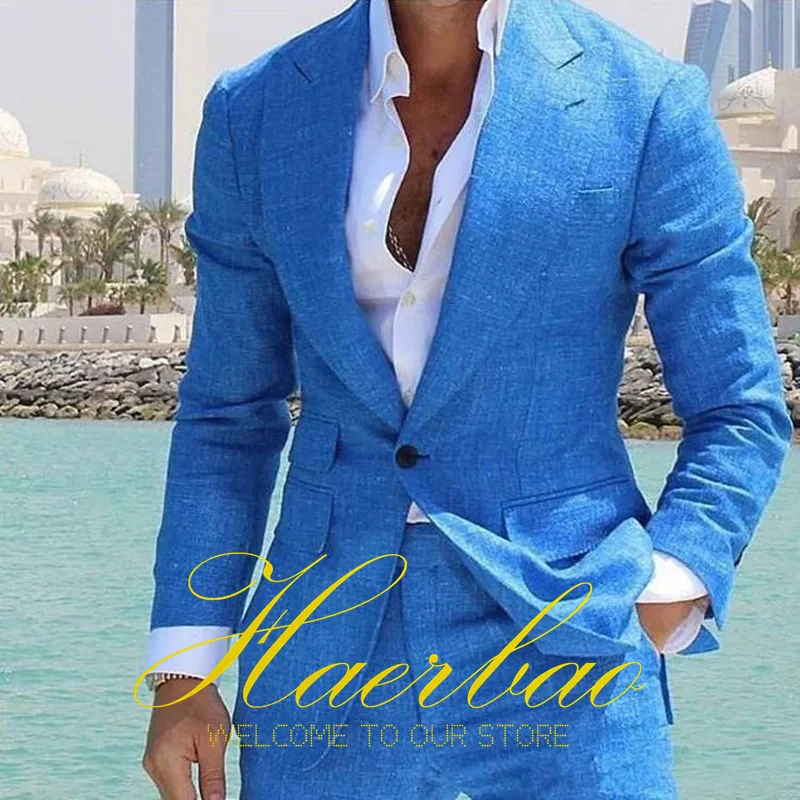 Summer Blue Men's Linen Suit Set of 2 Wedding Groom Tuxedo Formal Lapel Jacket Pants Fashion Tailored Blazer for Mens