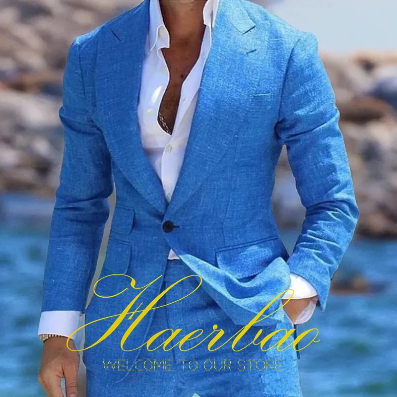Summer Blue Men's Linen Suit Set of 2 Wedding Groom Tuxedo Formal Lapel Jacket Pants Fashion Tailored Blazer for Mens