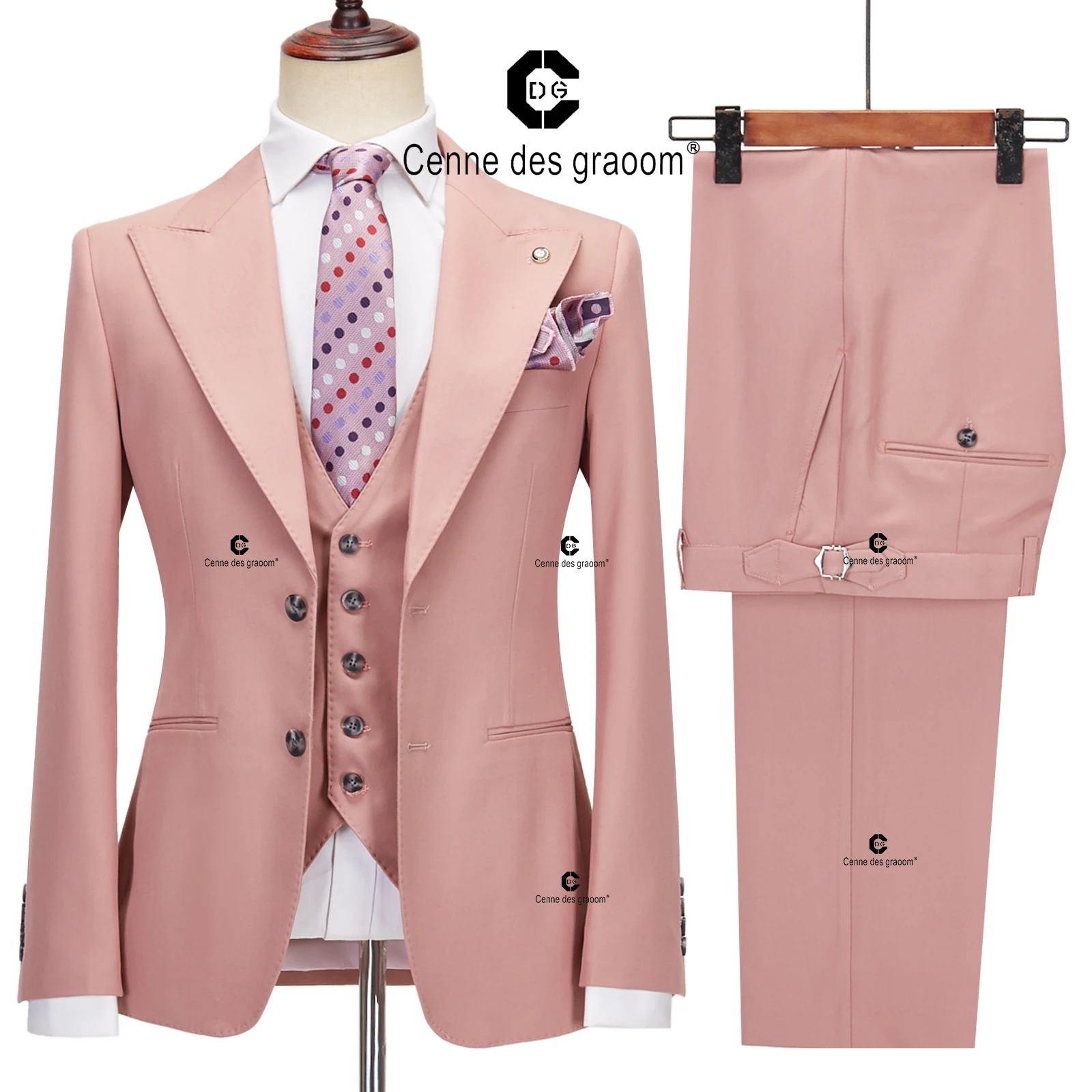 Cenne Des Graoom Classic Fit 2 Button Formal Suits for Men Solid Color Blazer Vest Pants Set Business Meeting Wedding Daily Use