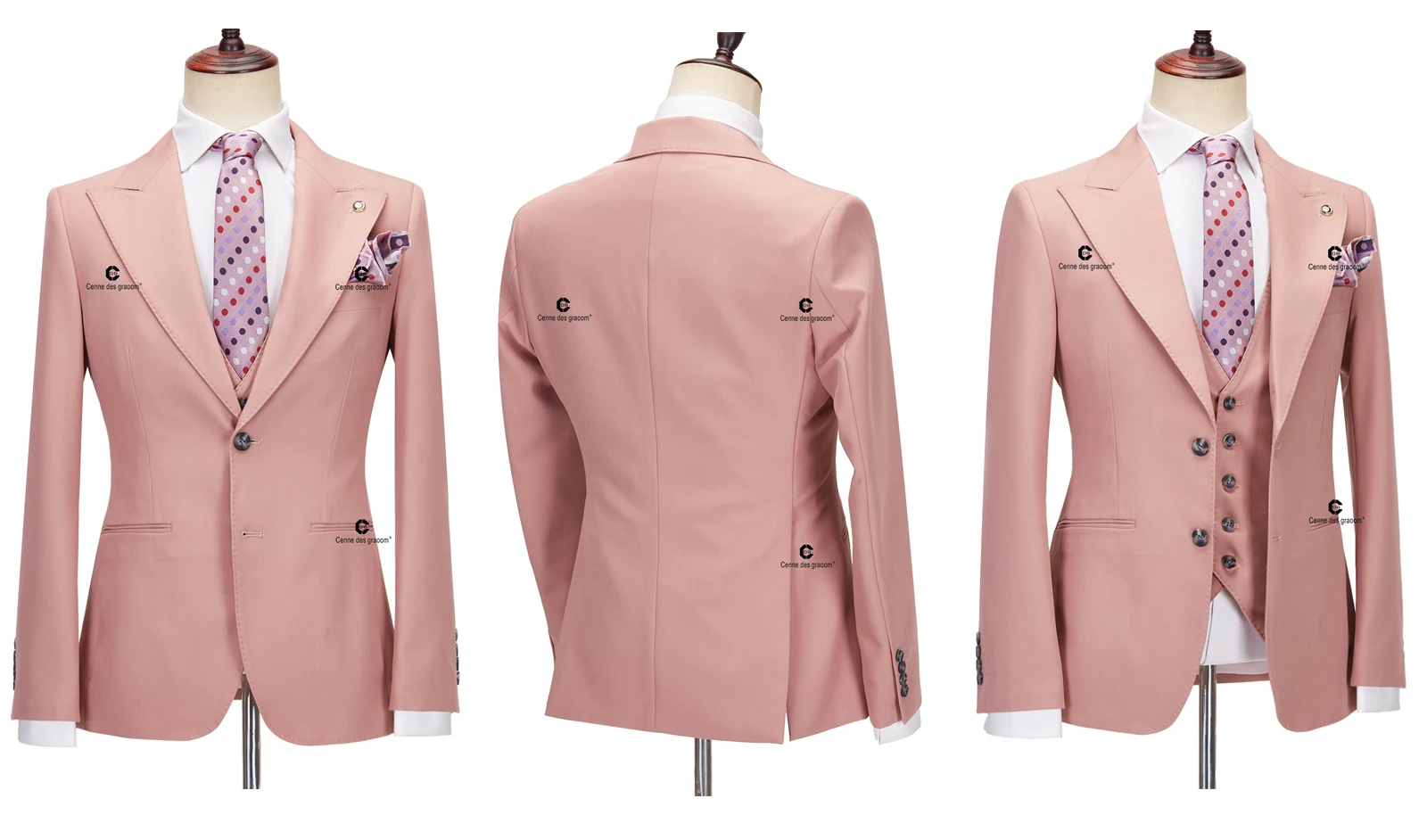 Cenne Des Graoom Classic Fit 2 Button Formal Suits for Men Solid Color Blazer Vest Pants Set Business Meeting Wedding Daily Use
