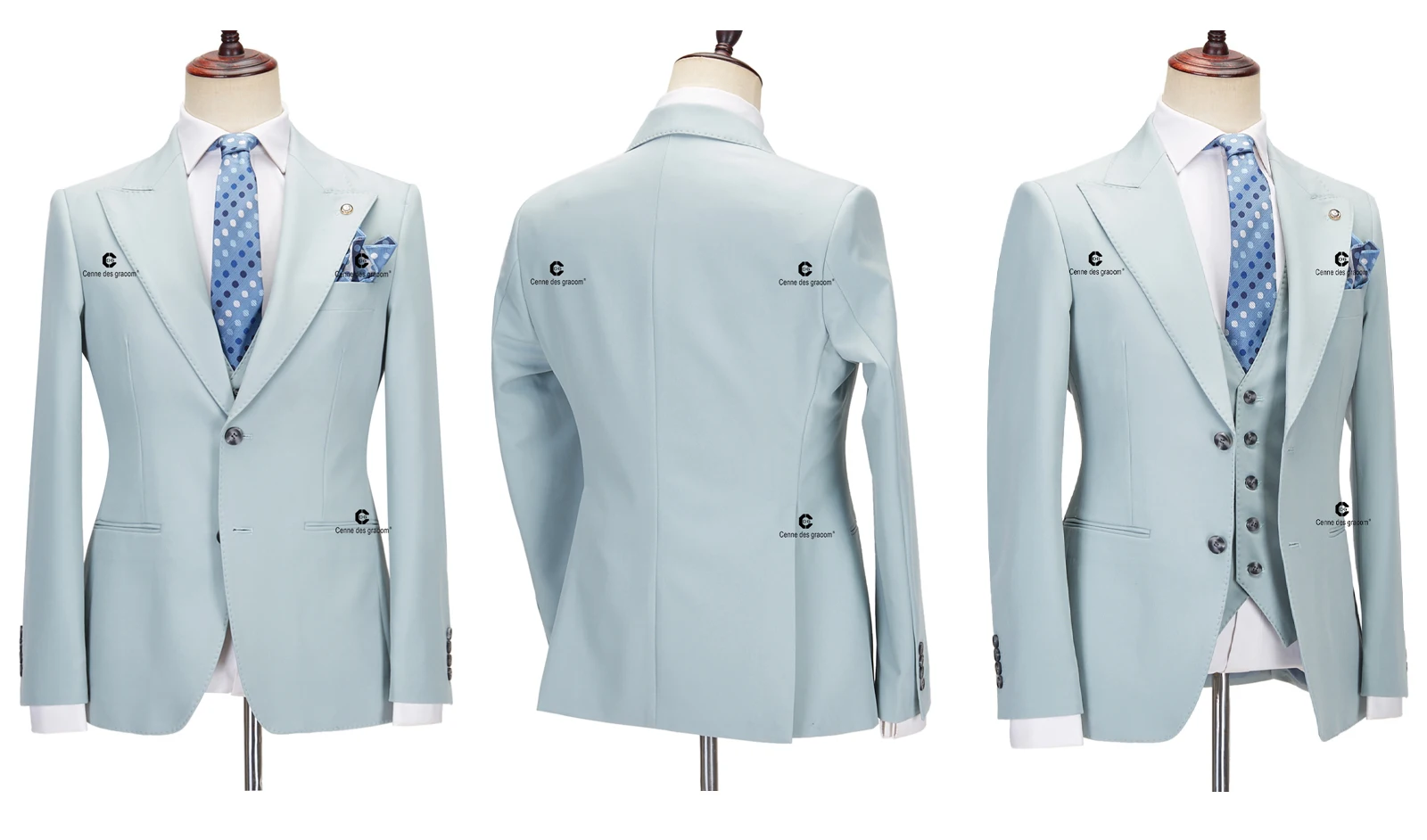 Cenne Des Graoom Classic Fit 2 Button Formal Suits for Men Solid Color Blazer Vest Pants Set Business Meeting Wedding Daily Use