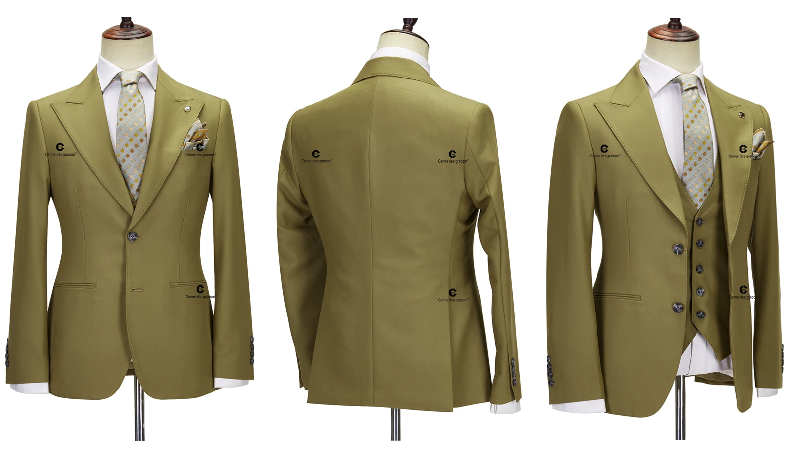 Cenne Des Graoom Classic Fit 2 Button Formal Suits for Men Solid Color Blazer Vest Pants Set Business Meeting Wedding Daily Use