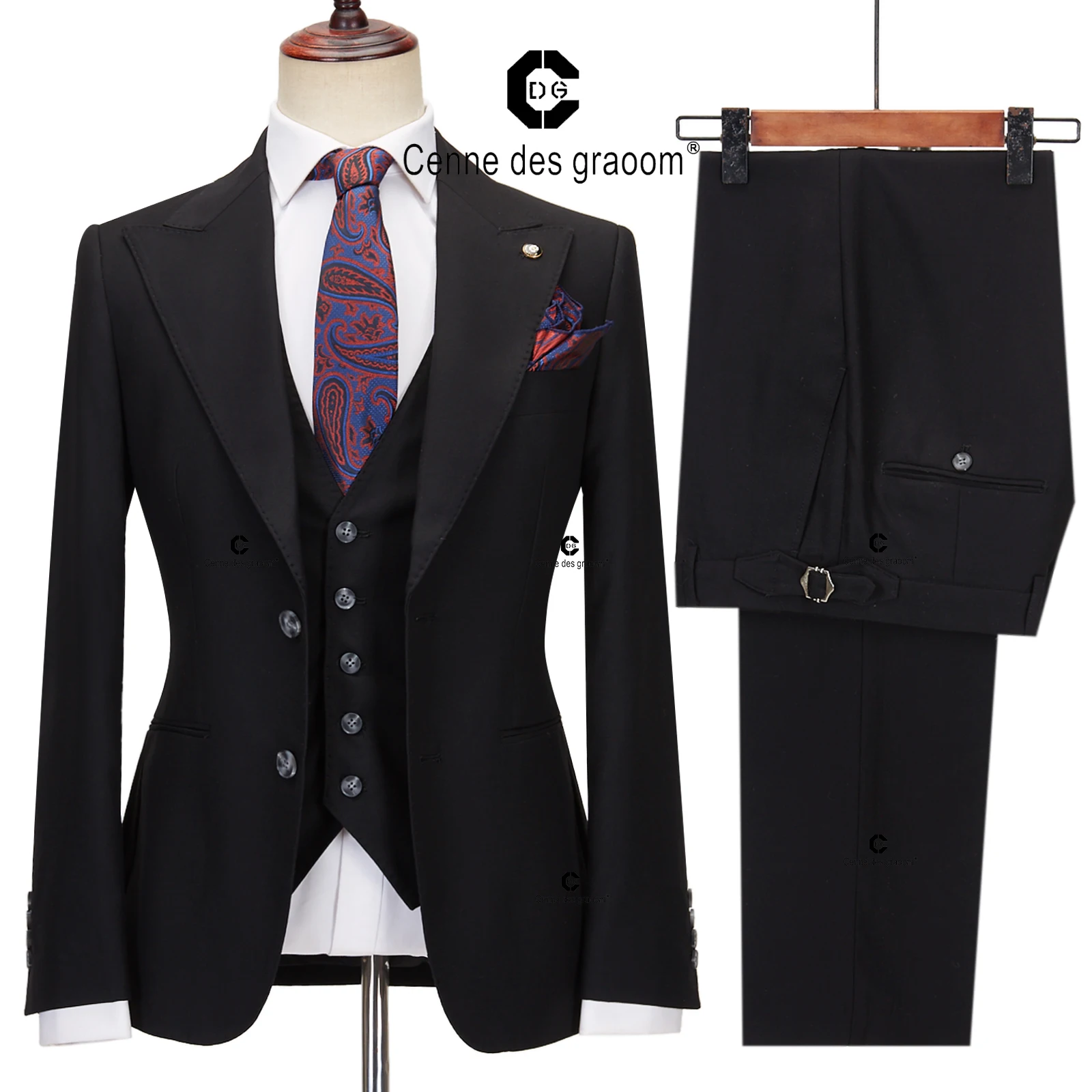 Cenne Des Graoom Classic Fit 2 Button Formal Suits for Men Solid Color Blazer Vest Pants Set Business Meeting Wedding Daily Use