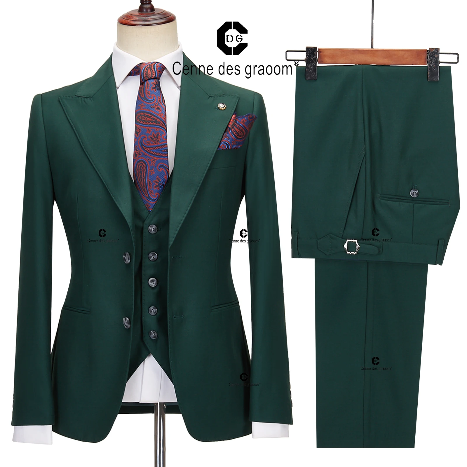Cenne Des Graoom Classic Fit 2 Button Formal Suits for Men Solid Color Blazer Vest Pants Set Business Meeting Wedding Daily Use