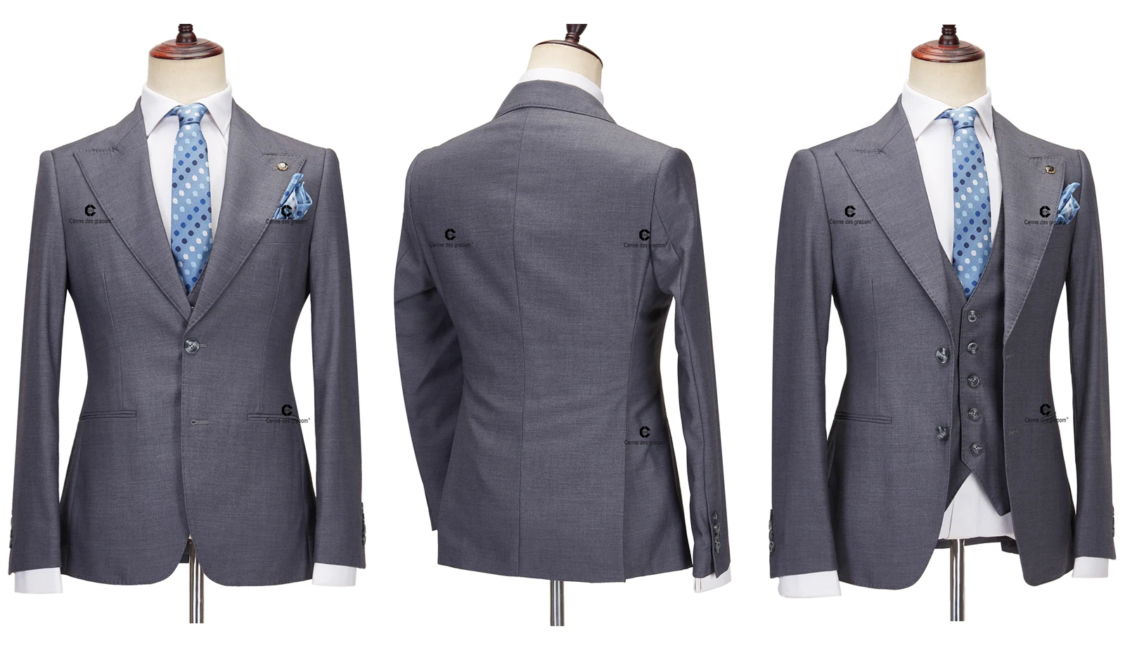 Cenne Des Graoom Classic Fit 2 Button Formal Suits for Men Solid Color Blazer Vest Pants Set Business Meeting Wedding Daily Use