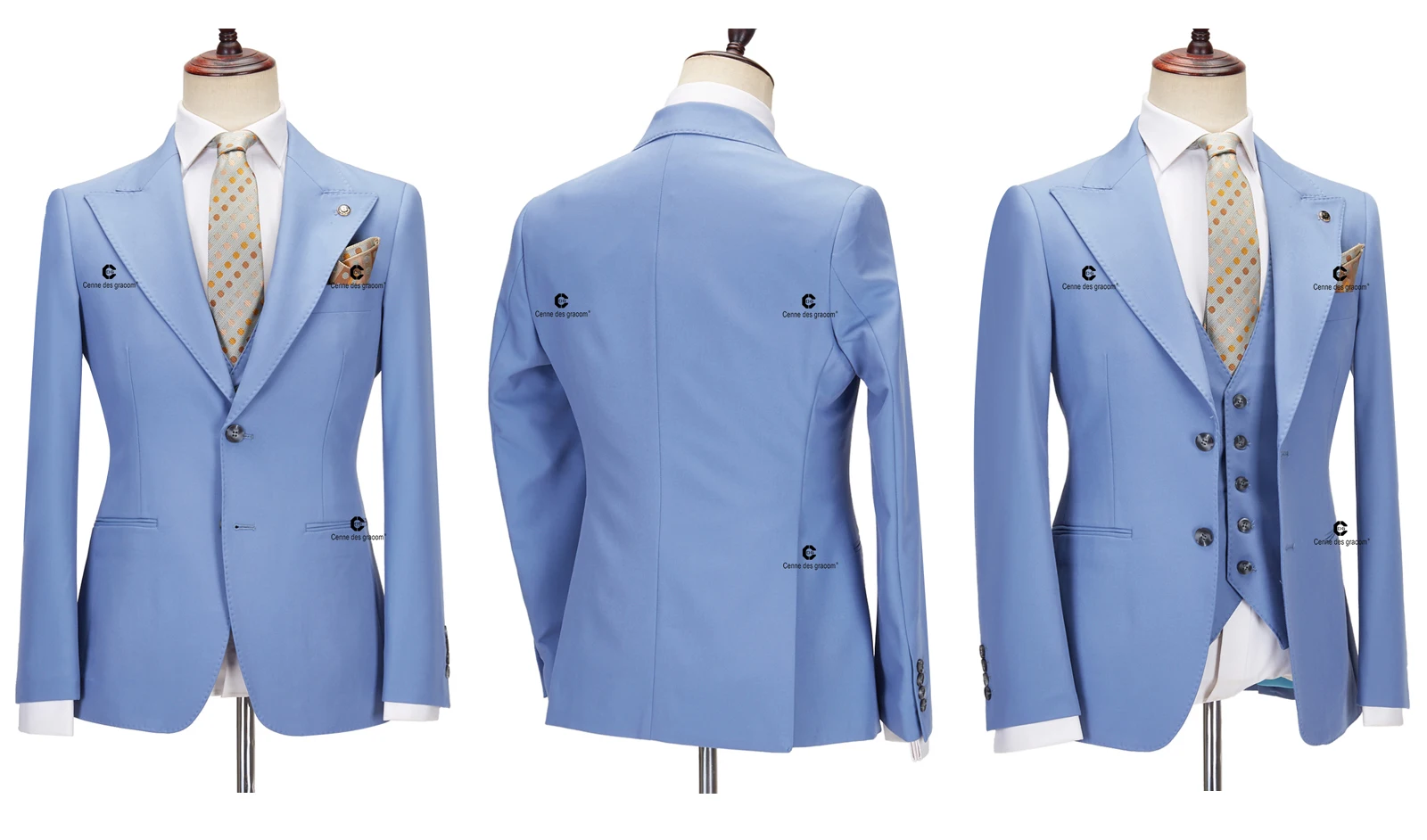 Cenne Des Graoom Classic Fit 2 Button Formal Suits for Men Solid Color Blazer Vest Pants Set Business Meeting Wedding Daily Use