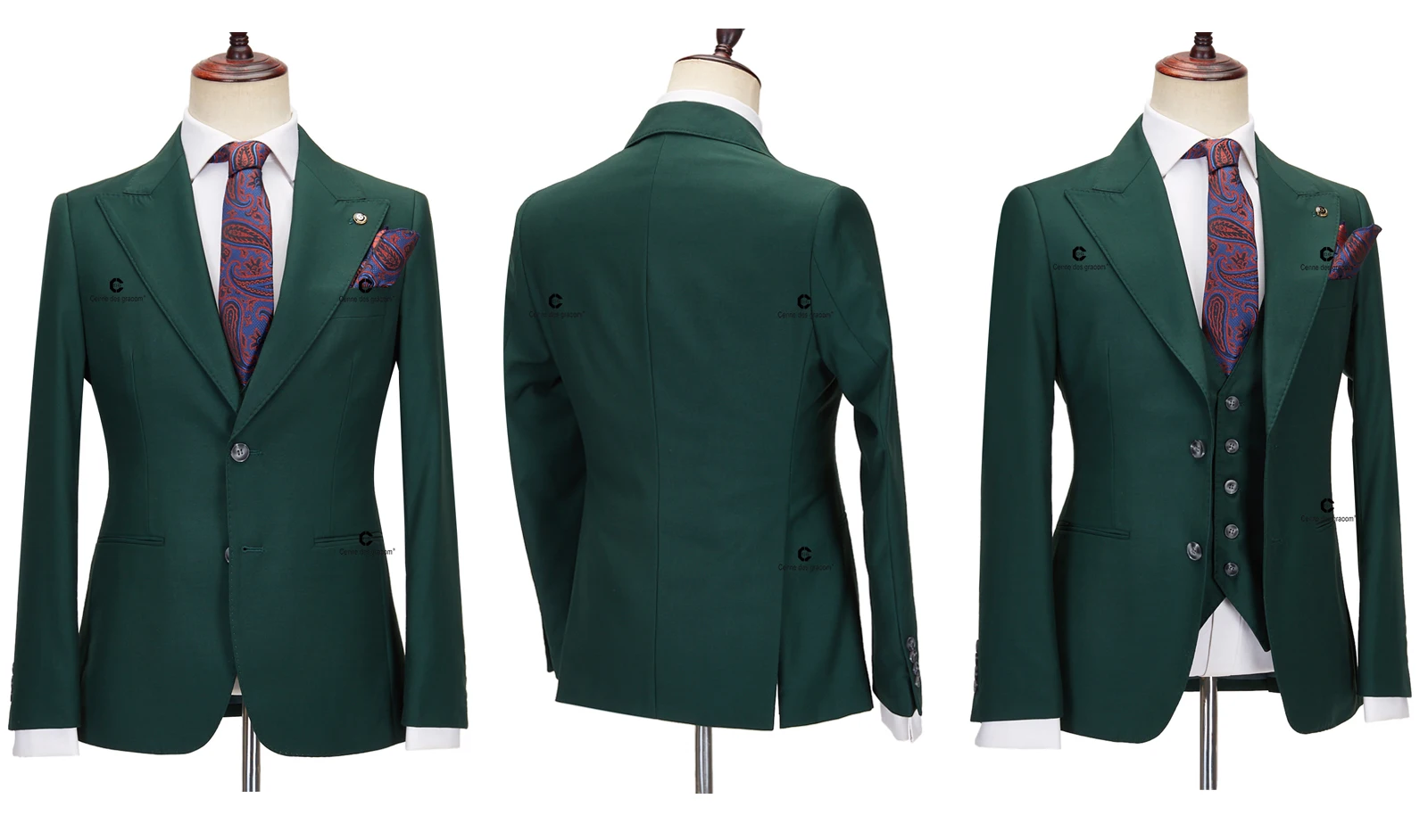 Cenne Des Graoom Classic Fit 2 Button Formal Suits for Men Solid Color Blazer Vest Pants Set Business Meeting Wedding Daily Use