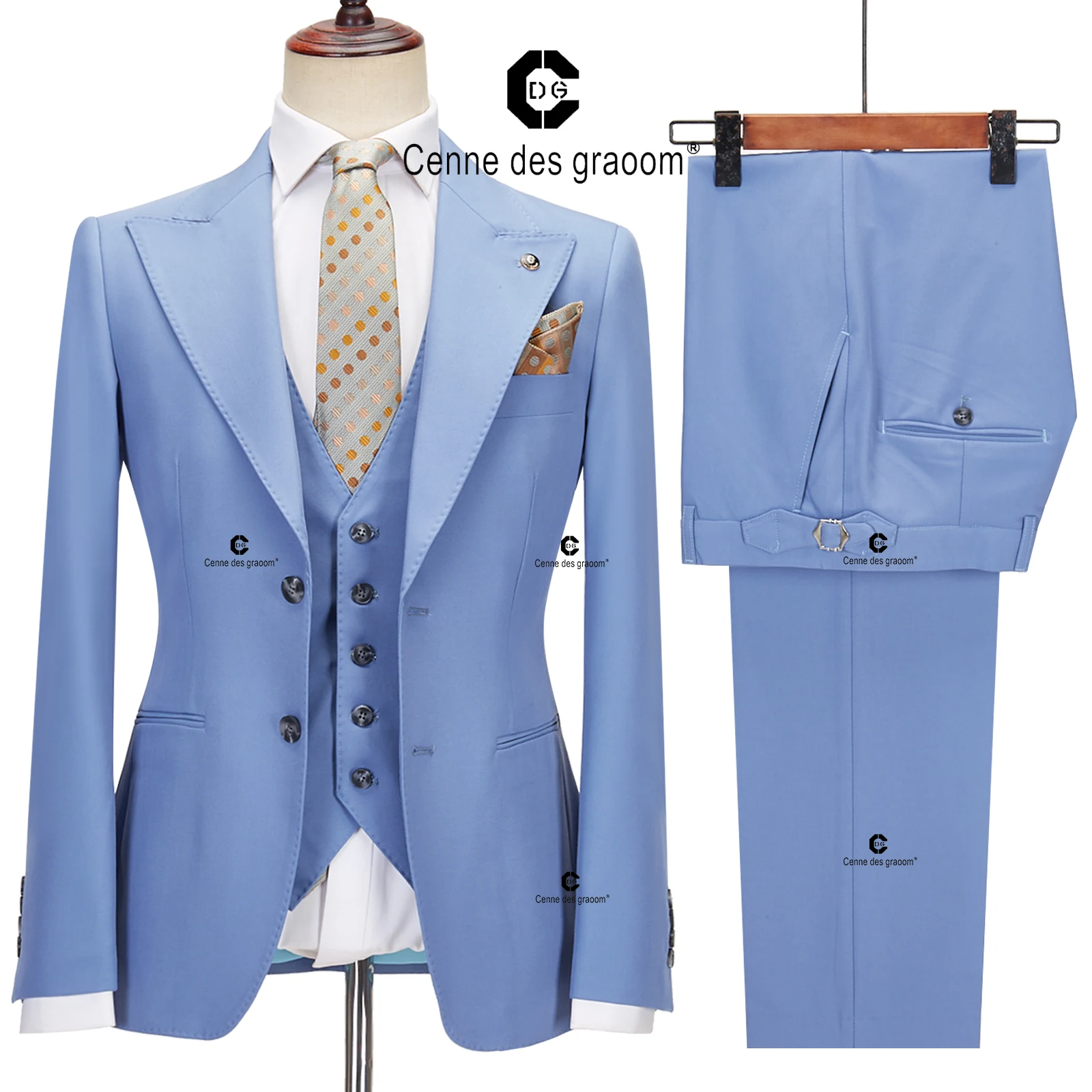 Cenne Des Graoom Classic Fit 2 Button Formal Suits for Men Solid Color Blazer Vest Pants Set Business Meeting Wedding Daily Use