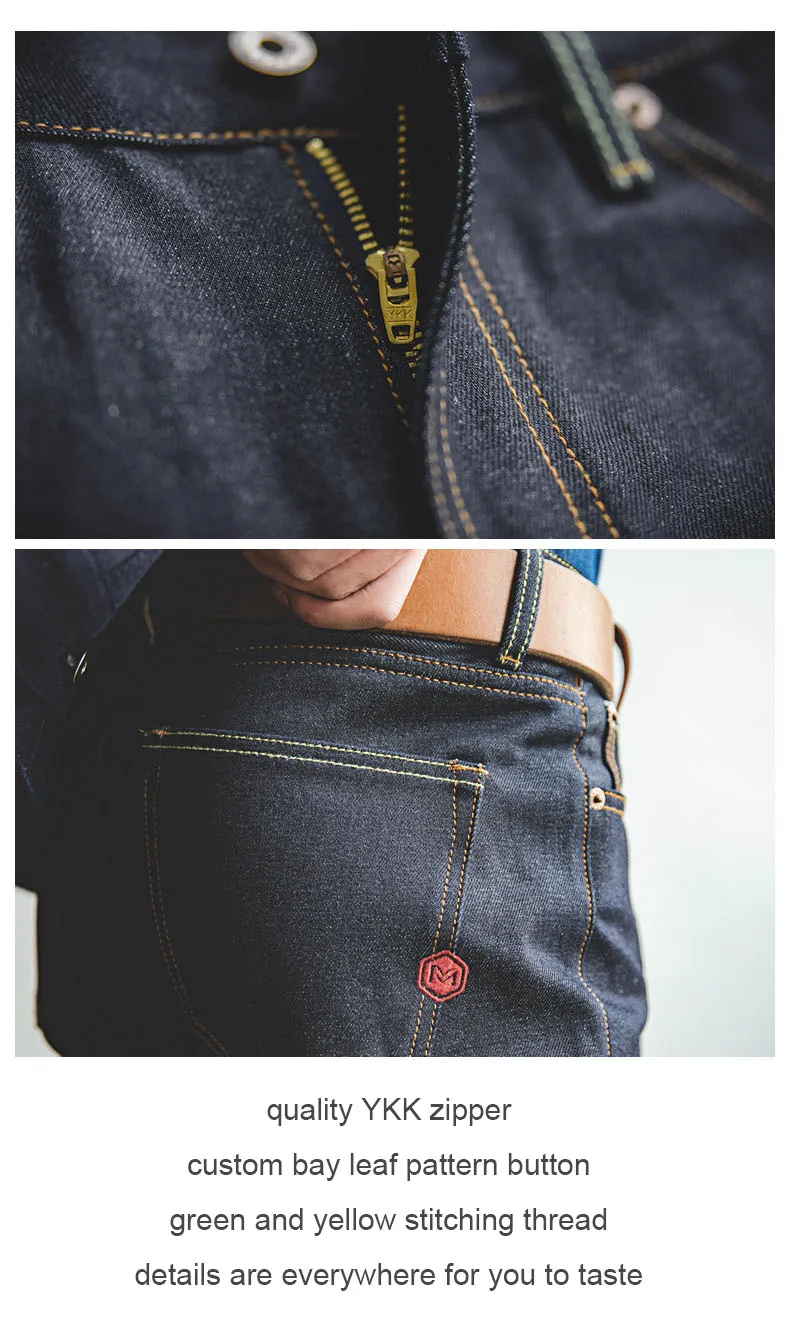 Maden Vintage 14.5oz Selvedge Raw Denim Jeans with YKK Zipper Fly Embroidery Straight Jeans Classic Men's Solid Color Trousers