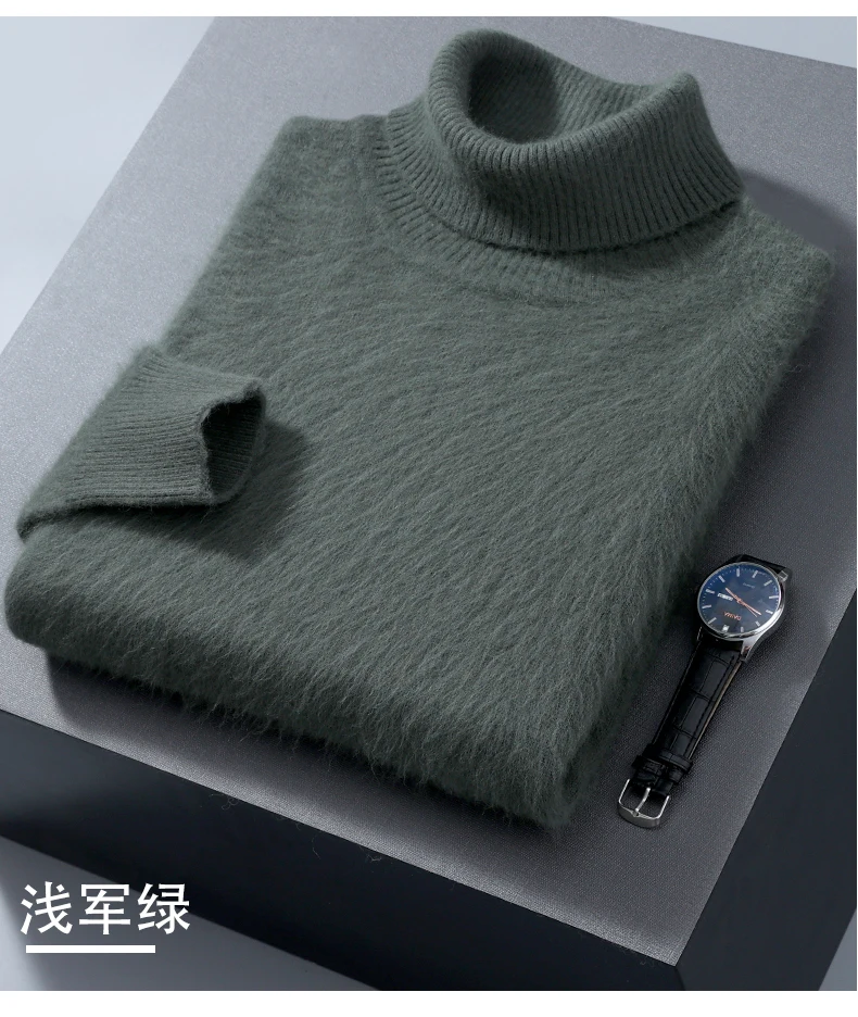 100% Mink Cashmere Sweater Men's Autumn Winter Thick Loose Warm Sweater High Collar Casual Business Pullover Knitted Sweater New