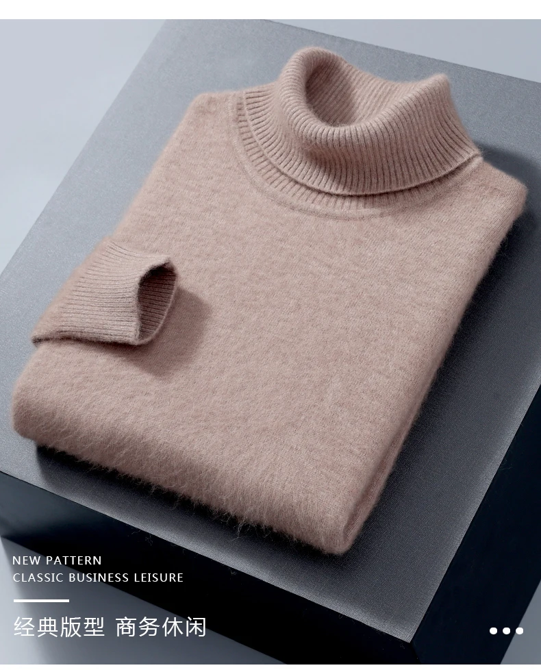 100% Mink Cashmere Sweater Men's Autumn Winter Thick Loose Warm Sweater High Collar Casual Business Pullover Knitted Sweater New