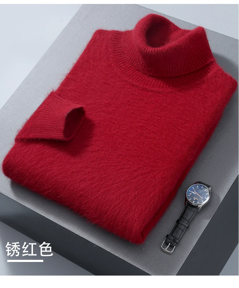 100% Mink Cashmere Sweater Men's Autumn Winter Thick Loose Warm Sweater High Collar Casual Business Pullover Knitted Sweater New