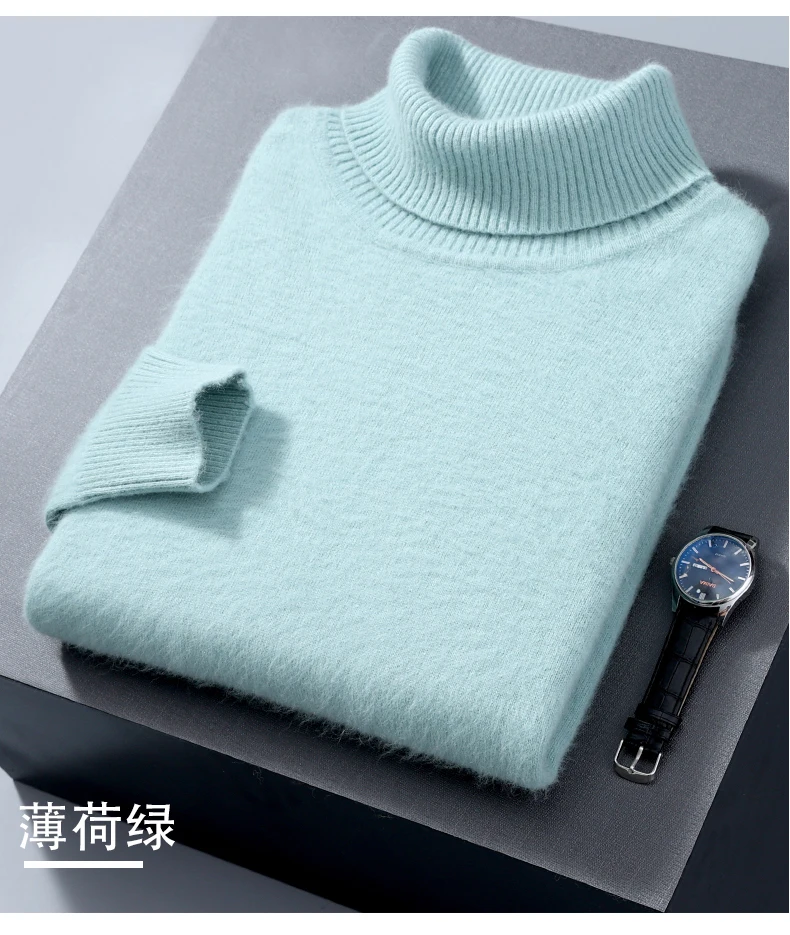 100% Mink Cashmere Sweater Men's Autumn Winter Thick Loose Warm Sweater High Collar Casual Business Pullover Knitted Sweater New