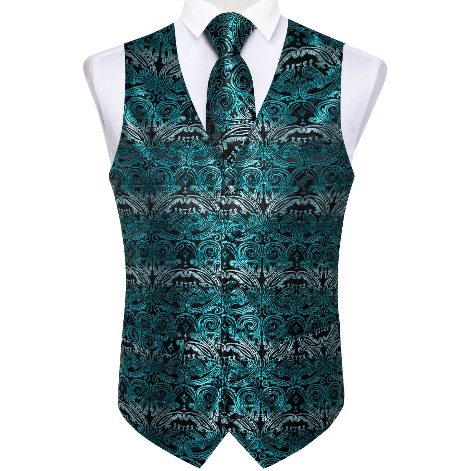Fashion Men's Green Paisley Business Vest chaleco hombre Luxury Wedding Red Waistcoat Necktie Pocket Square Cufflinks Free Ship