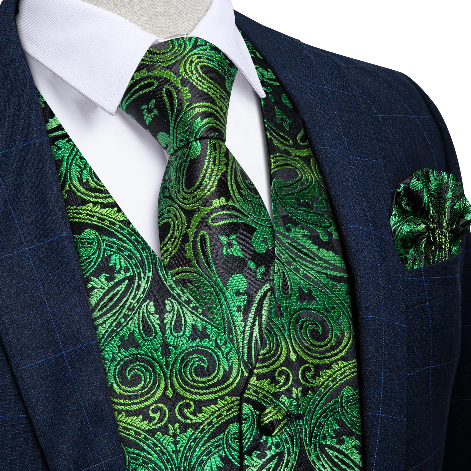 Fashion Men's Green Paisley Business Vest chaleco hombre Luxury Wedding Red Waistcoat Necktie Pocket Square Cufflinks Free Ship