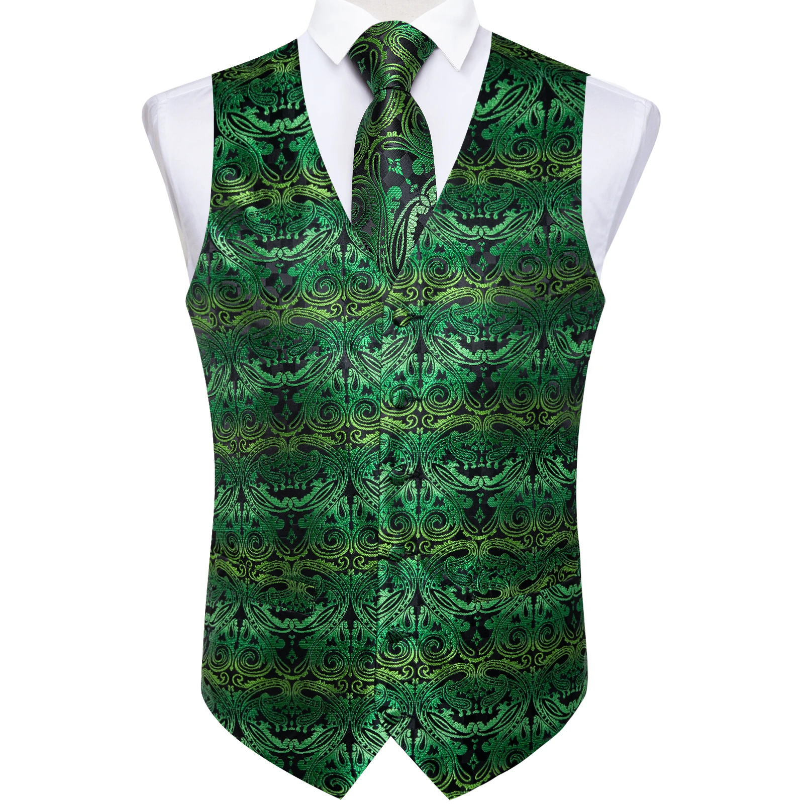 Fashion Men's Green Paisley Business Vest chaleco hombre Luxury Wedding Red Waistcoat Necktie Pocket Square Cufflinks Free Ship