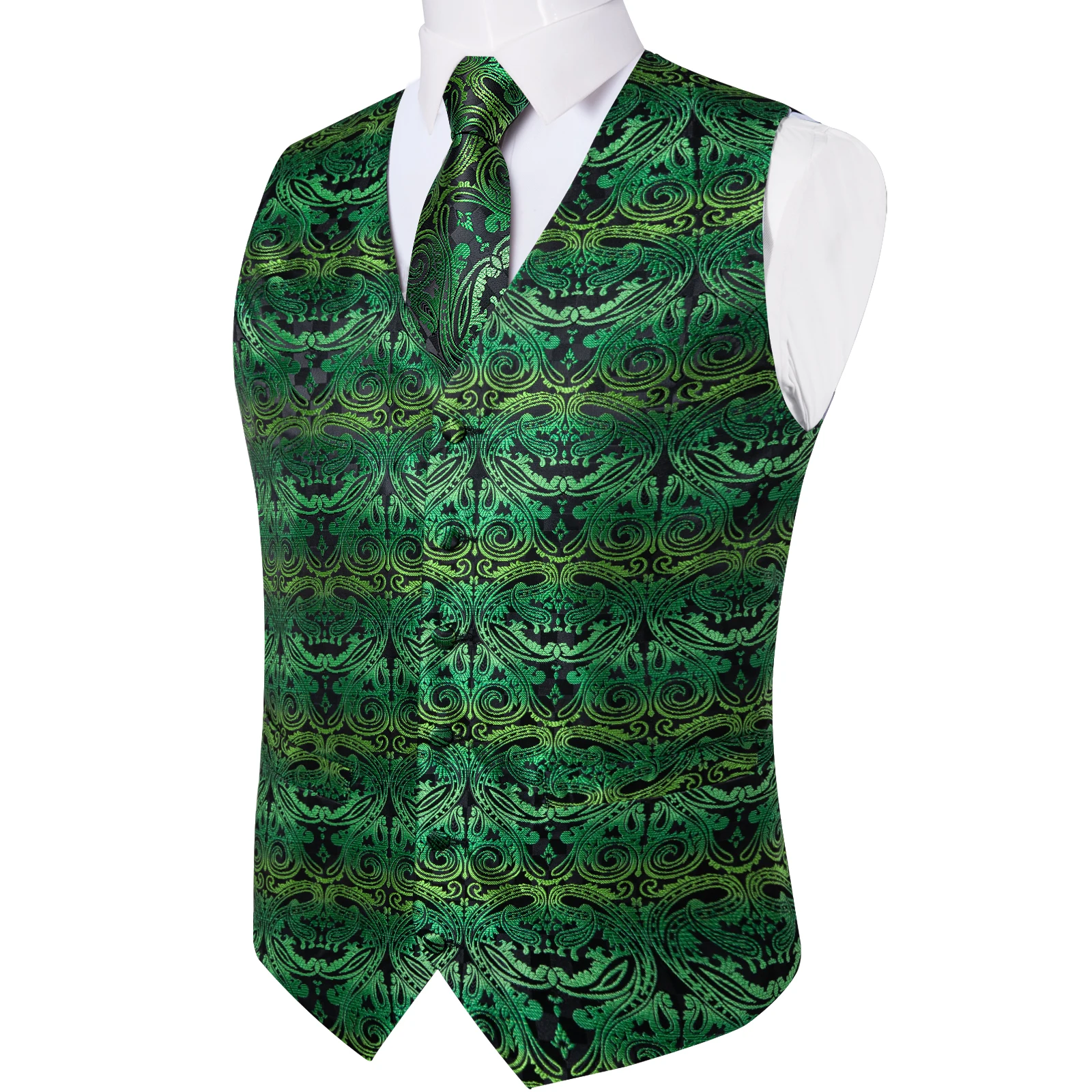 Fashion Men's Green Paisley Business Vest chaleco hombre Luxury Wedding Red Waistcoat Necktie Pocket Square Cufflinks Free Ship
