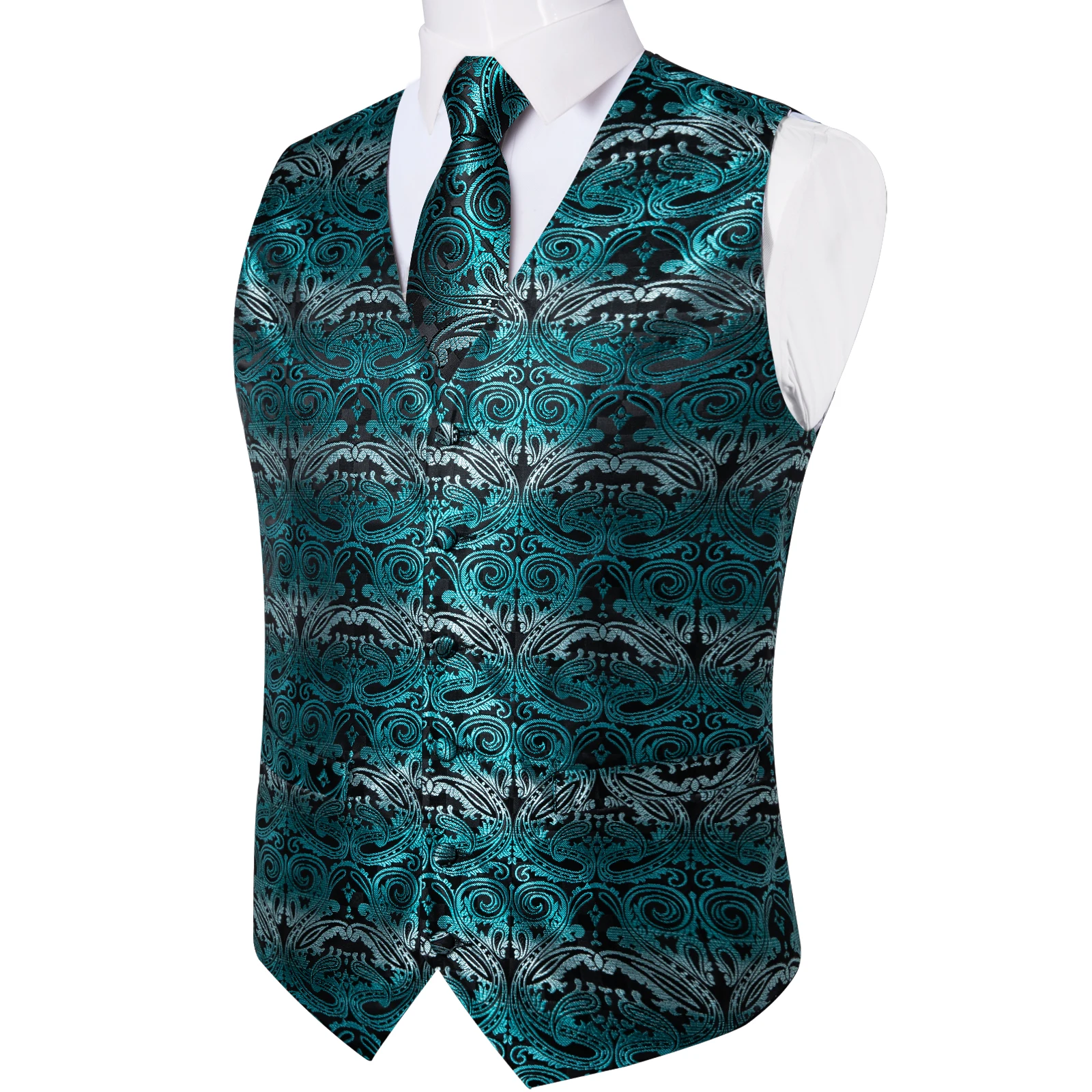 Fashion Men's Green Paisley Business Vest chaleco hombre Luxury Wedding Red Waistcoat Necktie Pocket Square Cufflinks Free Ship