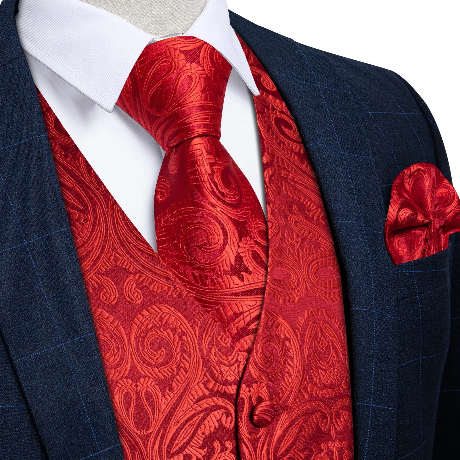 Fashion Men's Green Paisley Business Vest chaleco hombre Luxury Wedding Red Waistcoat Necktie Pocket Square Cufflinks Free Ship