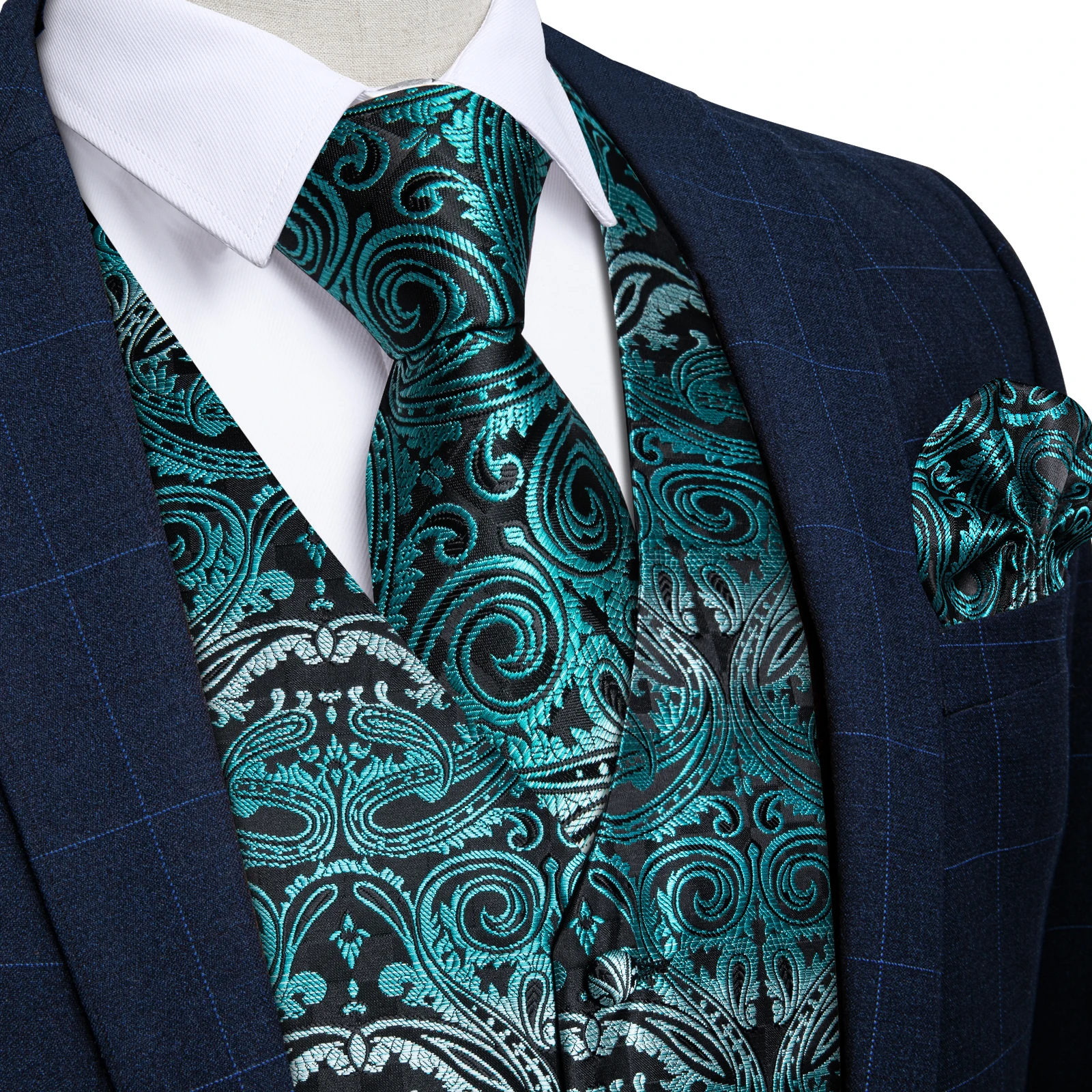 Fashion Men's Green Paisley Business Vest chaleco hombre Luxury Wedding Red Waistcoat Necktie Pocket Square Cufflinks Free Ship