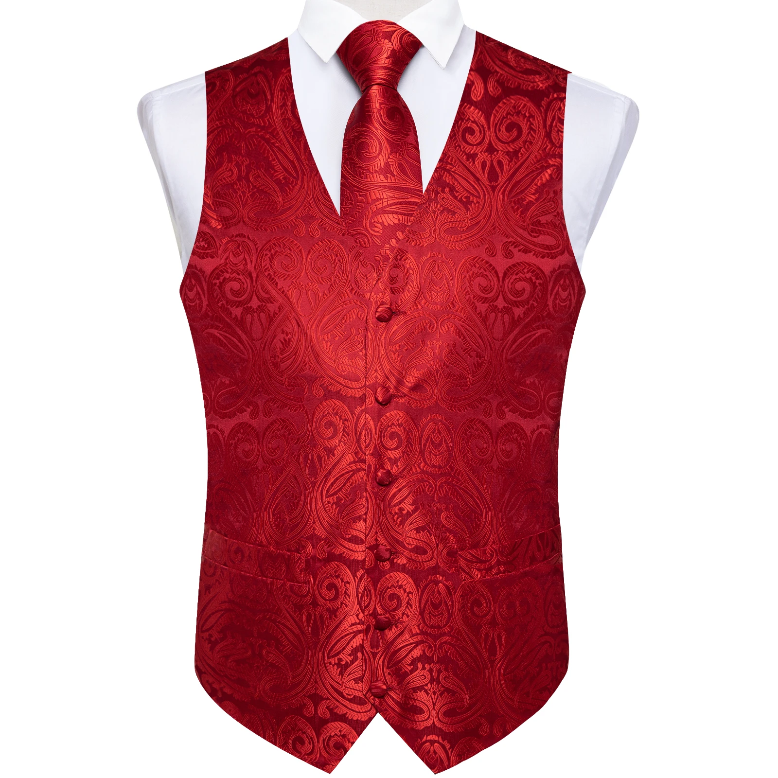 Fashion Men's Green Paisley Business Vest chaleco hombre Luxury Wedding Red Waistcoat Necktie Pocket Square Cufflinks Free Ship