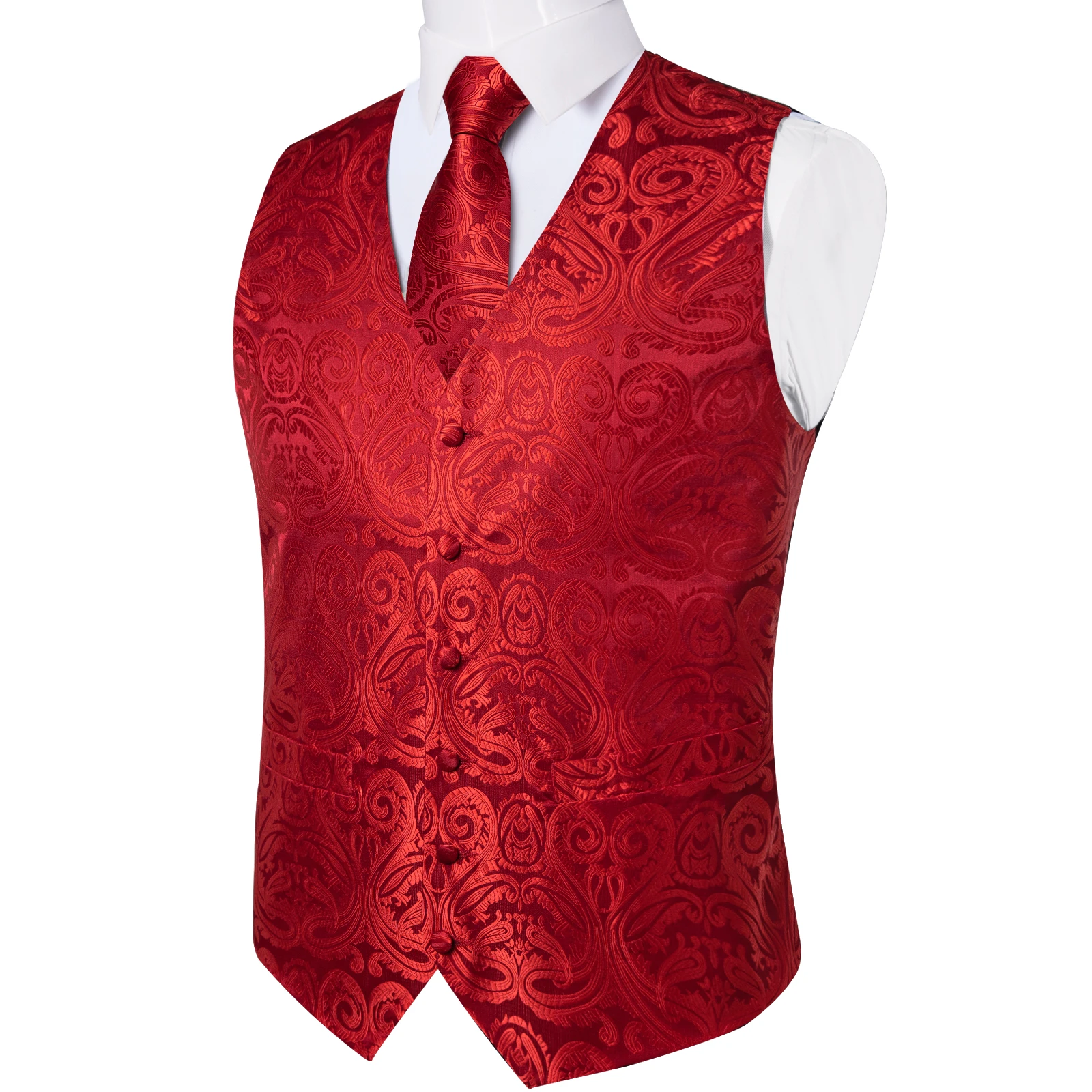 Fashion Men's Green Paisley Business Vest chaleco hombre Luxury Wedding Red Waistcoat Necktie Pocket Square Cufflinks Free Ship