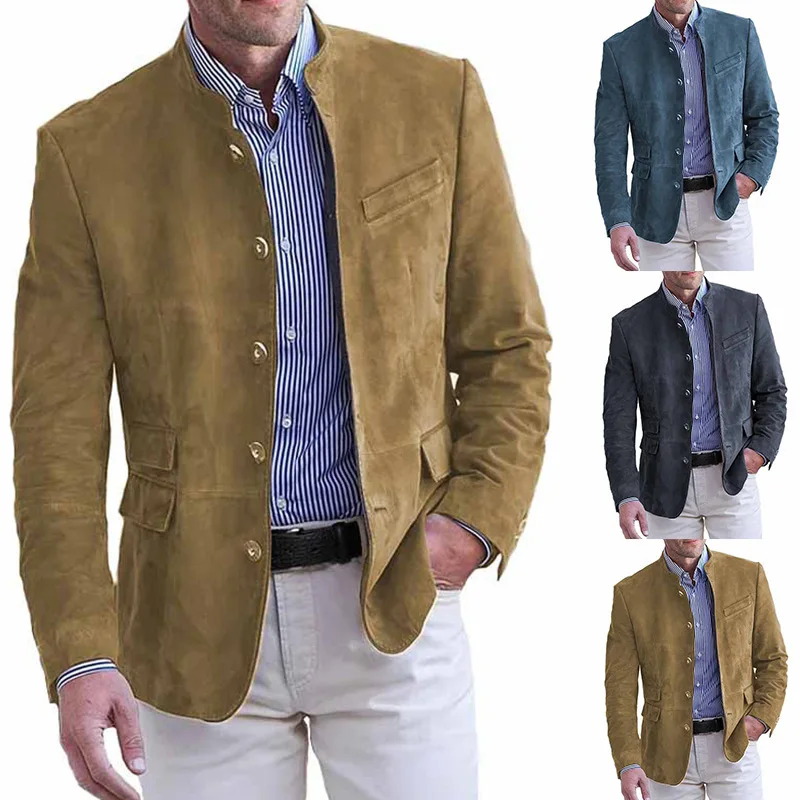 Autumn Winter Men's Casual Suede Blazer Jacket Long Sleeve Solid Color Single Breasted Button Fashion Jackets