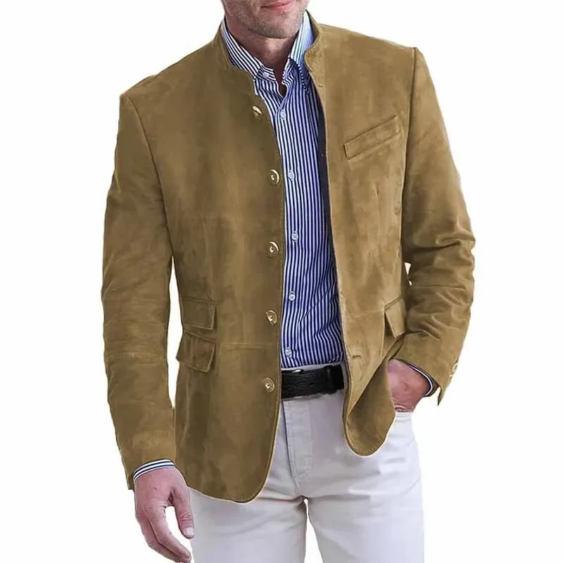 Autumn Winter Men's Casual Suede Blazer Jacket Long Sleeve Solid Color Single Breasted Button Fashion Jackets