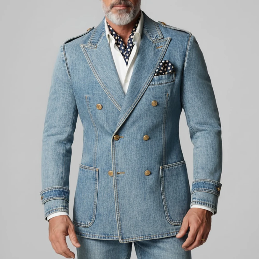 Bespoke Elegant Men's Suits Denim Double Breasted Peak Lapel Skinny 2 Piece Jacket Pants Outfits Daily Male Clothing Outfits