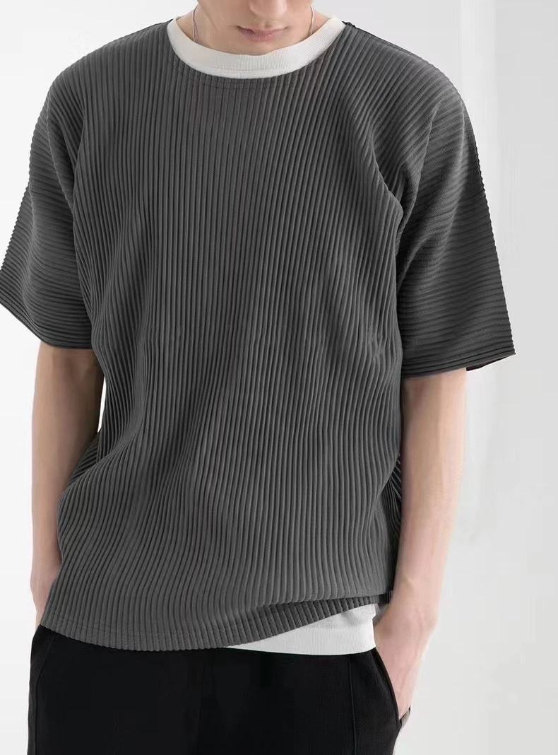 Miyake Shirt Thin Breathable Short Sleeve Round Neck T Shirt Summer Solid Sports Top Miyake Pleated Men