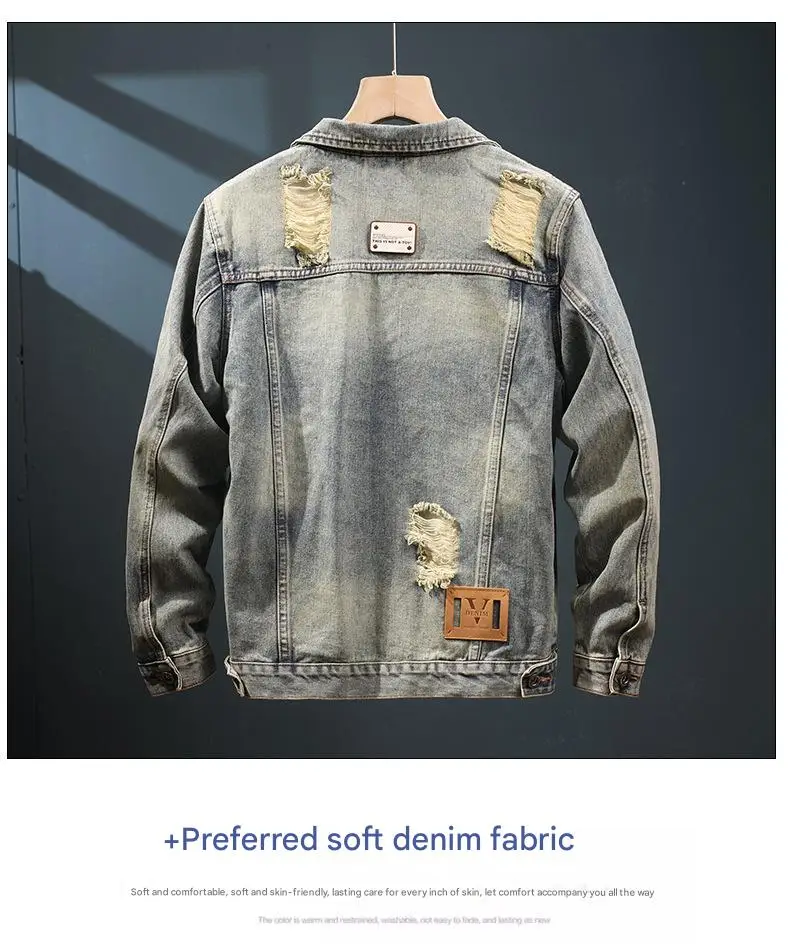 Men's retro ripped denim jacket, new spring and autumn styles, trendy brand, handsome and high-end jacket, American style,