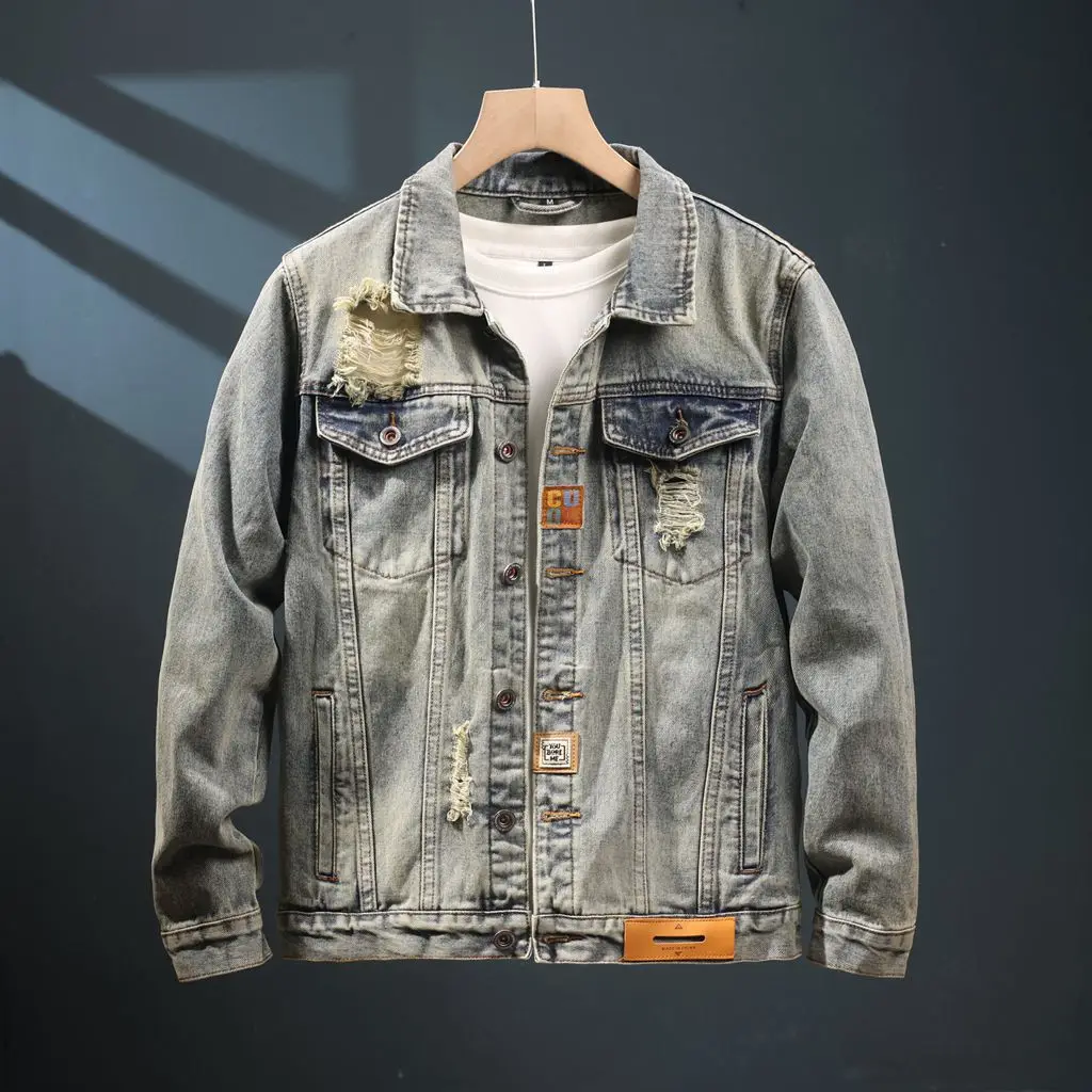 Men's retro ripped denim jacket, new spring and autumn styles, trendy brand, handsome and high-end jacket, American style,