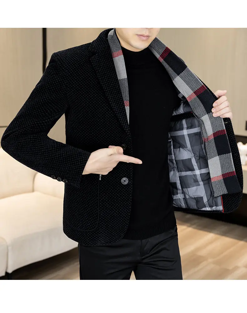 New Down Blazer Men's Business Gentleman Korean Wedding Fashion Trend Slimming Solid Color Casual High-end Down Woolen Blazer