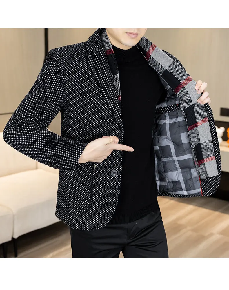New Down Blazer Men's Business Gentleman Korean Wedding Fashion Trend Slimming Solid Color Casual High-end Down Woolen Blazer
