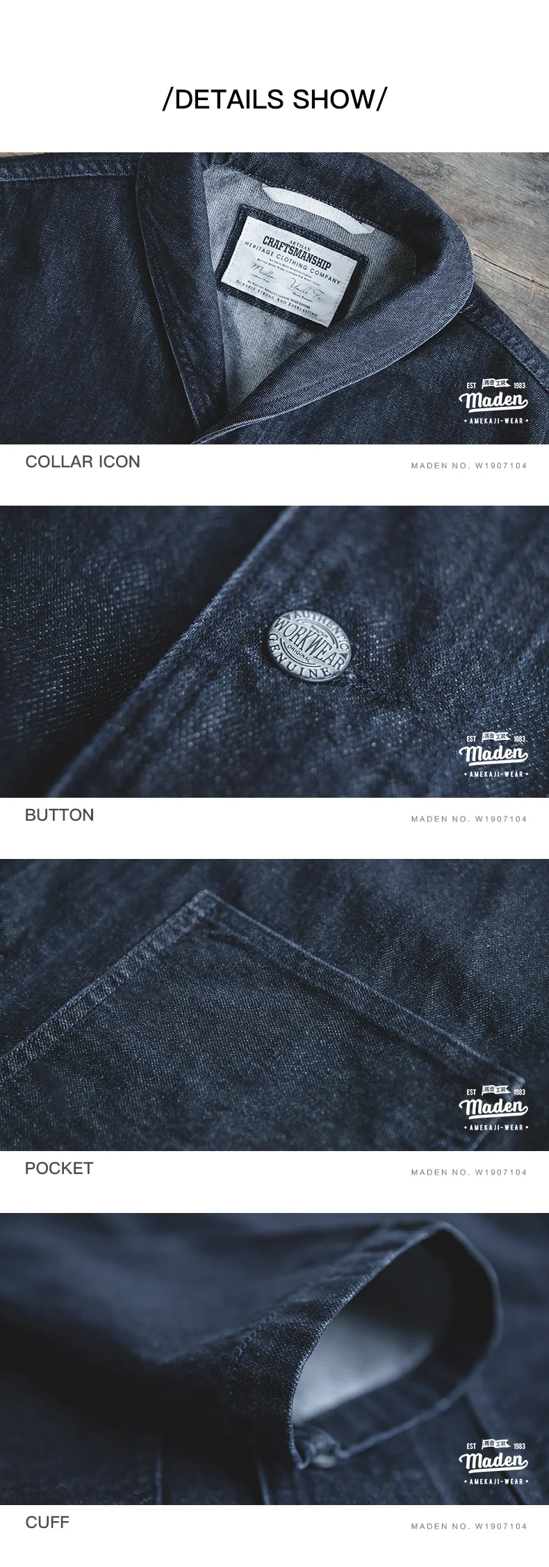 Maden Vintage 13.5oz Denim Jacket for Men Classic Solid Color Collar Cotton Hunting Style with Pockets Coat for Autumn Blazers