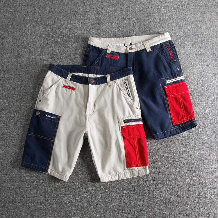 Summer fashion style personality color splicing wash and do old slim men's cargo shorts multi-pocket casual pants