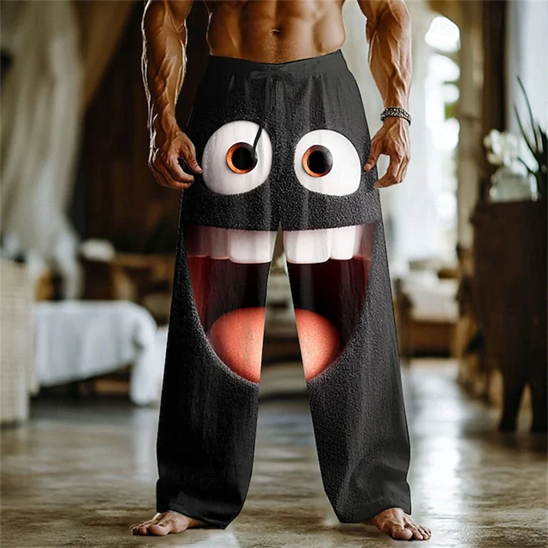 3D printed fun expression pattern printing, fashionable, high-quality men's wide leg pants, trendy printed men's pants