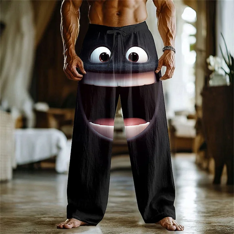 3D printed fun expression pattern printing, fashionable, high-quality men's wide leg pants, trendy printed men's pants