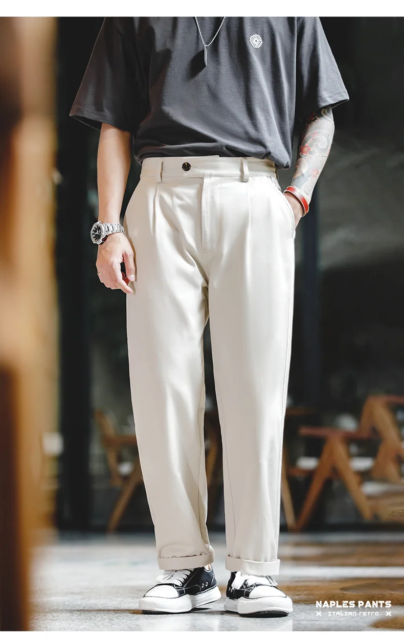 Maden Vintage Gentleman Naples Pants Korea Fashion Casual Paris Button Straight Wide Trousers 100% Cotton Solid Work Suit Pants