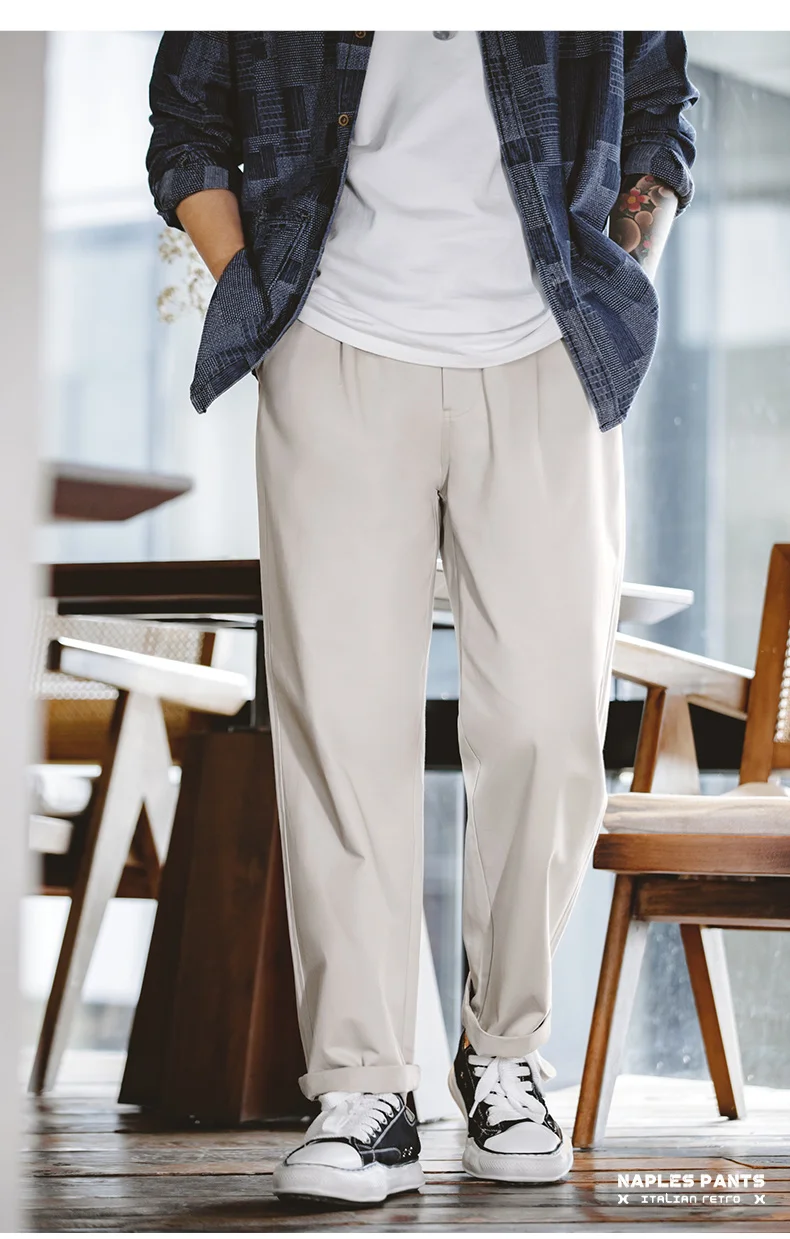 Maden Vintage Gentleman Naples Pants Korea Fashion Casual Paris Button Straight Wide Trousers 100% Cotton Solid Work Suit Pants