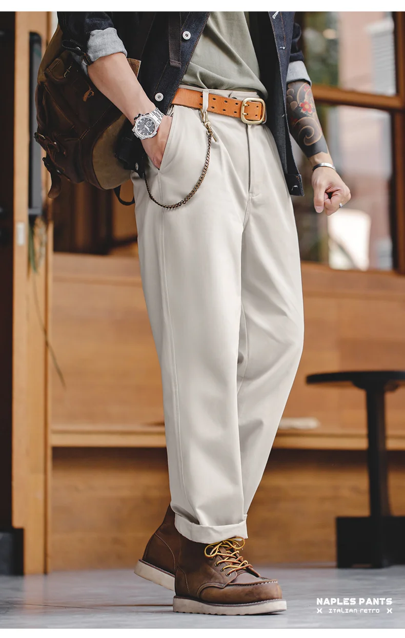 Maden Vintage Gentleman Naples Pants Korea Fashion Casual Paris Button Straight Wide Trousers 100% Cotton Solid Work Suit Pants
