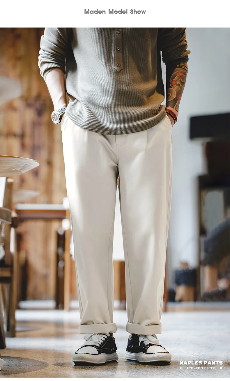 Maden Vintage Gentleman Naples Pants Korea Fashion Casual Paris Button Straight Wide Trousers 100% Cotton Solid Work Suit Pants