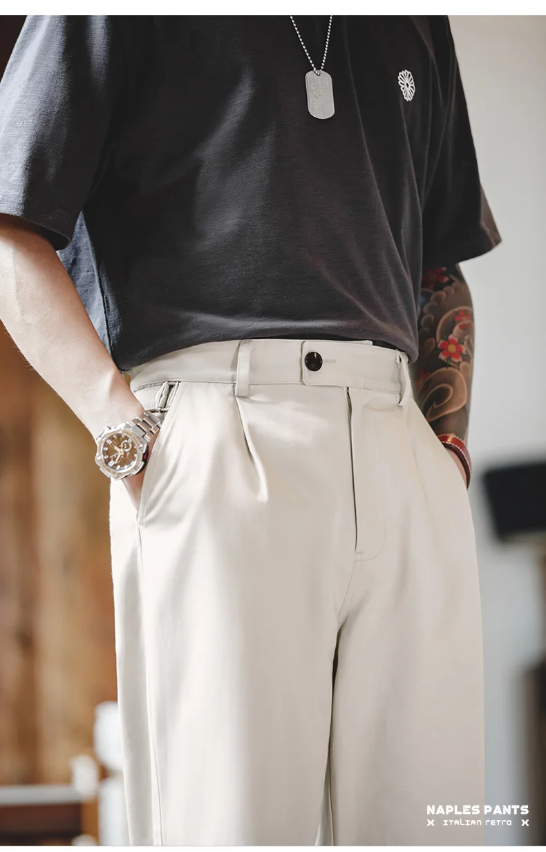 Maden Vintage Gentleman Naples Pants Korea Fashion Casual Paris Button Straight Wide Trousers 100% Cotton Solid Work Suit Pants