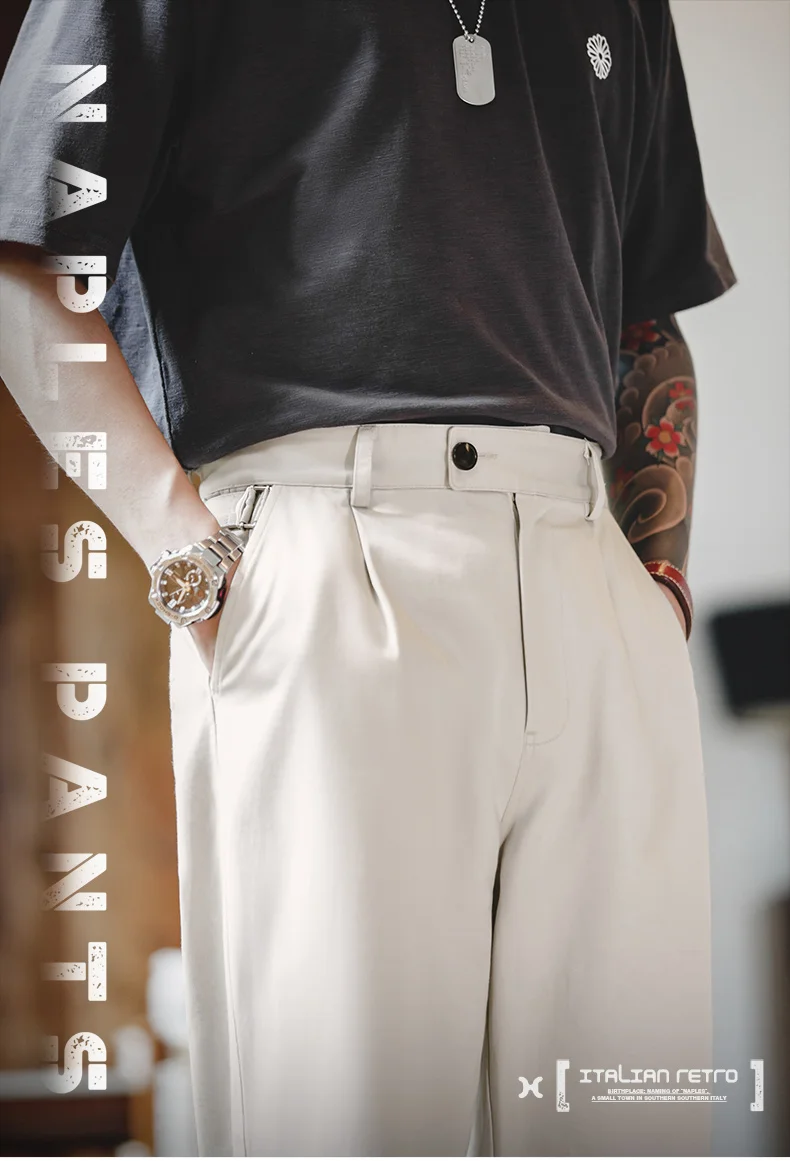 Maden Vintage Gentleman Naples Pants Korea Fashion Casual Paris Button Straight Wide Trousers 100% Cotton Solid Work Suit Pants